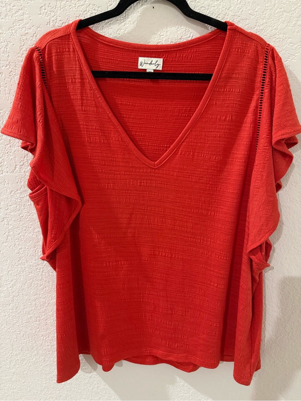 Wonderly Orange Red V-Neck Ruffle Sleeve Women's Top Size 2X